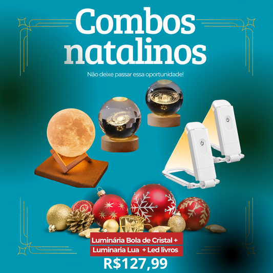 COMBO PROMOCIONAL NATALINO Luminária Bola de Cristal + Luinária Lua + Led Livros